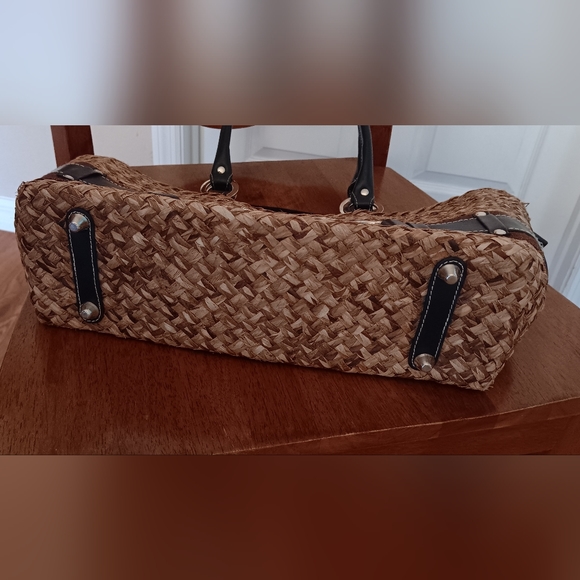 Wicker Tote Bag Brown Black 14" - Picture 3 of 6